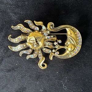 Gold Sun and Moon Rhinestone Brooch